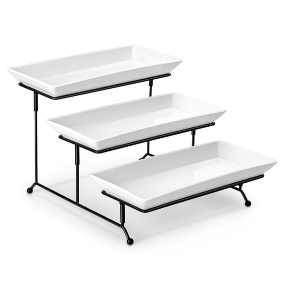 3 Tier Serving Trays for Party, 12 Inch Porcelain White Trays for Serving Food, Dessert Stand with Collapsible Gold Metal Rack