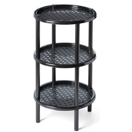 3 Tier Shelf, End, Bed or Display Table, Self-Standing Shelving for Bathroom Toiletries, Storage and Organization. 13.75 Inch diameter, 24 Inch height, 9.25 Inch space between shelves. Black