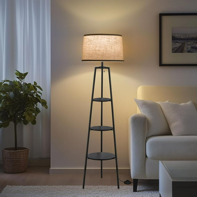 3 Tier Shelf Floor Lamps for Living Room, Modern Standing Lamp with 3 Color Temperature Led Bulb, Tall Lamps with Foot Switch for Bedroom and Office, Black