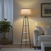 3 Tier Shelf Floor Lamps for Living Room, Modern Standing Lamp with 3 Color Temperature Led Bulb, Tall Lamps for Bedroom and Office, Vintage Yellow