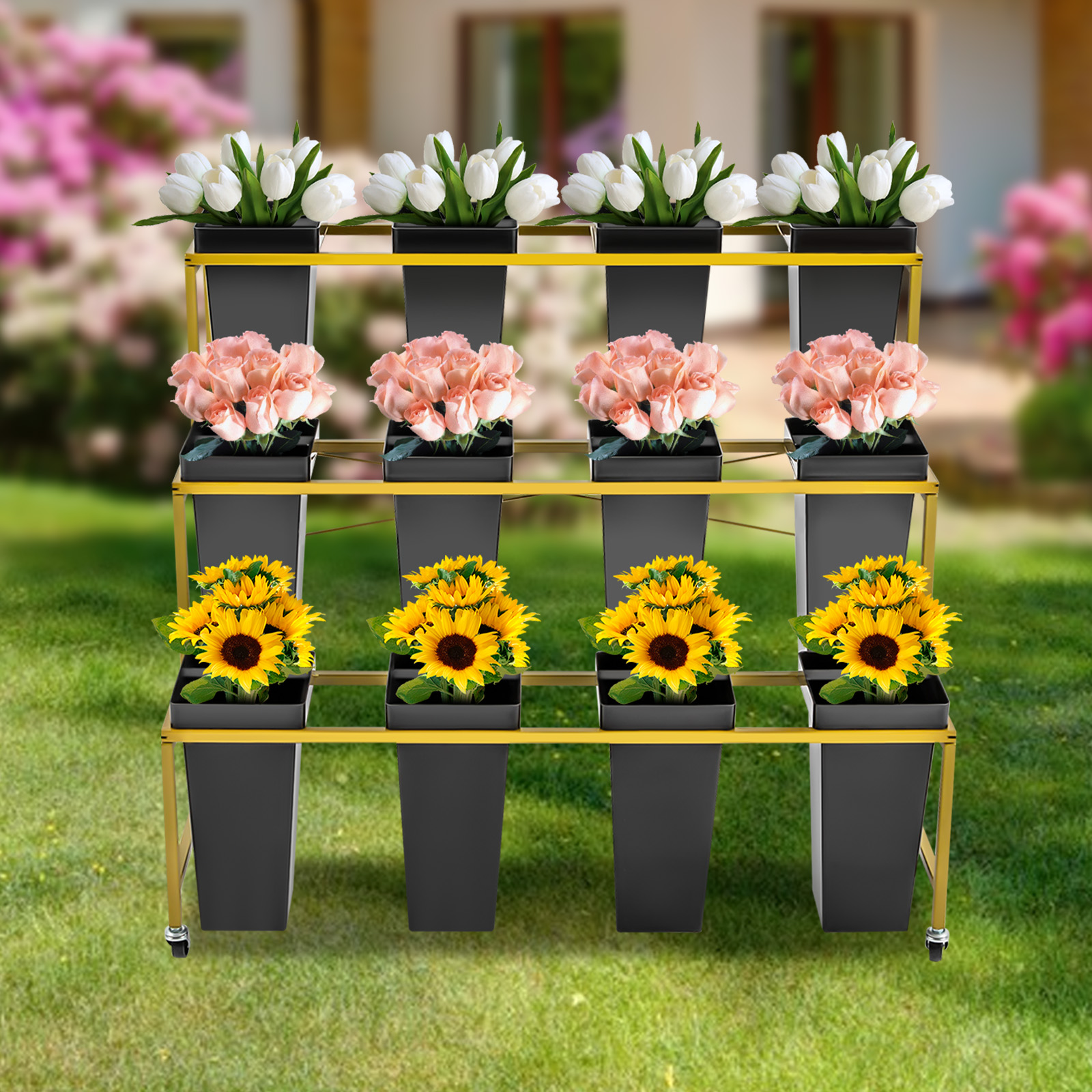 3 Tier Shelf Flower Plant Display Stand Rack/ Home Shelves Gold W/ 12 ...