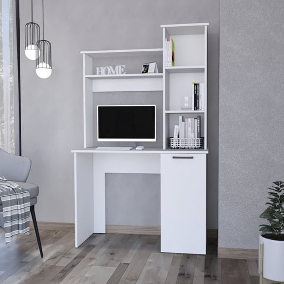 3-Tier Shelves with Hutch / White Computer Desk for Organized Workspace