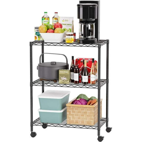 3-Tier Shelving Unit Storage Shelves with Wheels, Standing Shelf Wire Shelving, Heavy Duty Metal Storage Rack NSF Height Adjustable for Laundry Bathroom Kitchen Garage Pantry -31"x23"x13"(Black)