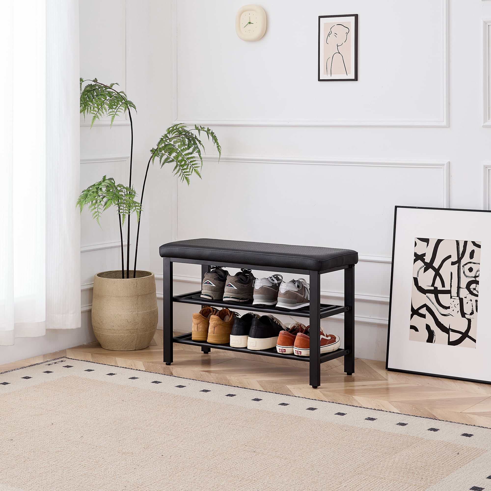 3-Tier Shoe Bench with PU Seat Cushion, Linen Surface, High Rebound Sponge, Sturdy Metal Frame, Entryway Shoe Rack Storage for Hallway Bedroom