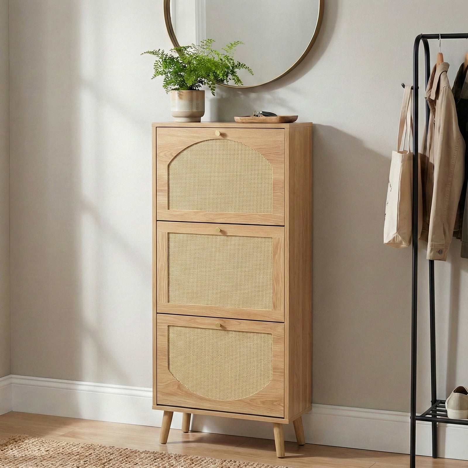 3-Tier Shoe Cabinet, 54*24*135cm, Natural Wood