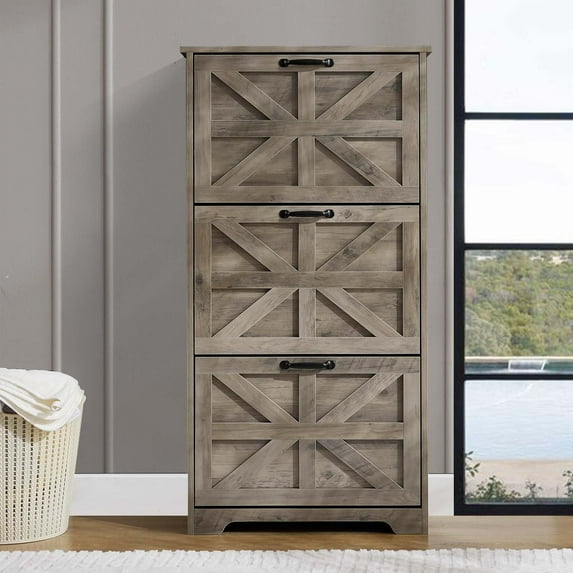 3-Tier Shoe Cabinet in Washed Grey – Farmhouse Flip-Up Entryway Storage, Space-Saving Shoe Rack for Foyer, Living Room