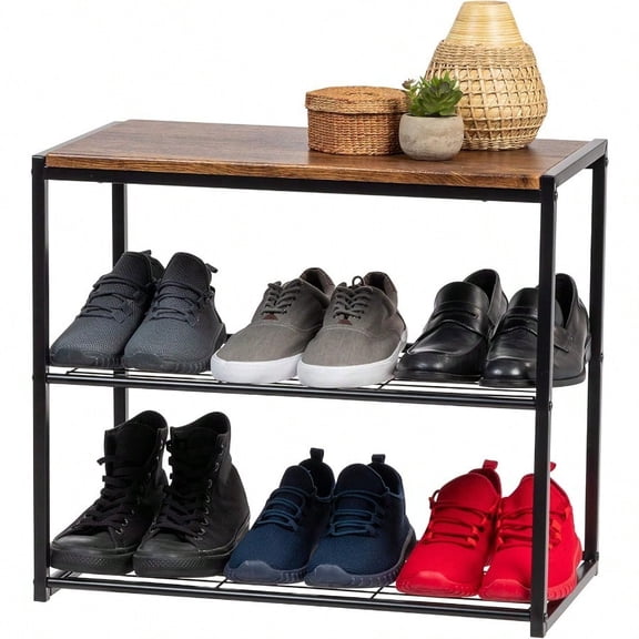 3-Tier Shoe Rack Up to 6 Pairs Shoe Bench for Front Door Entrance Entryway Mudroom Bench Shoe Organizer for Closet Shoe Storage Shelf Modern Wood and Metal Shoe Rack Bench