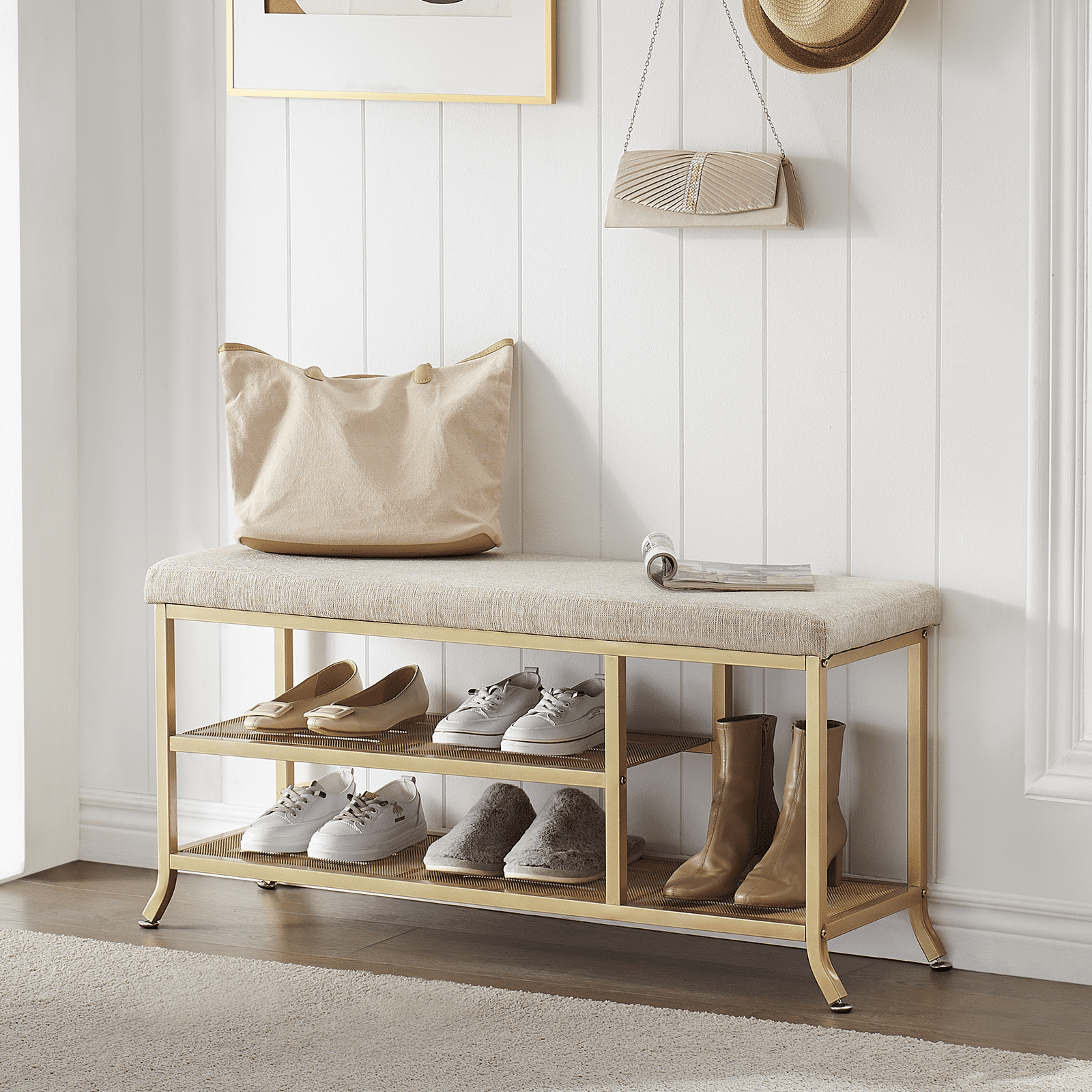 Shoe Rack Bench 3 Tier Leather Button Tufted Cushioned Seat Hallway