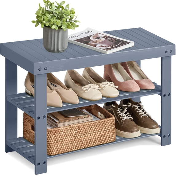 3-Tier Shoe Rack Bench, Hallway Bamboo Organizer, Home Storage Shelf with Holds 286 lb, Gray