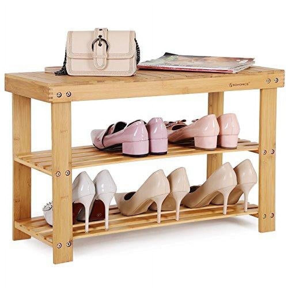 Natural Bamboo 2-Tier Shoe Rack Bench with Storage