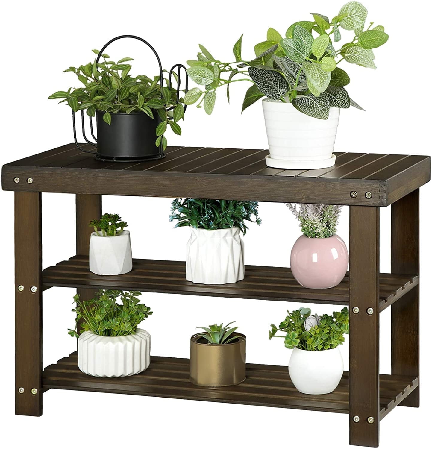 Walnut Bamboo 3-Tier Shoe Rack Bench with Storage
