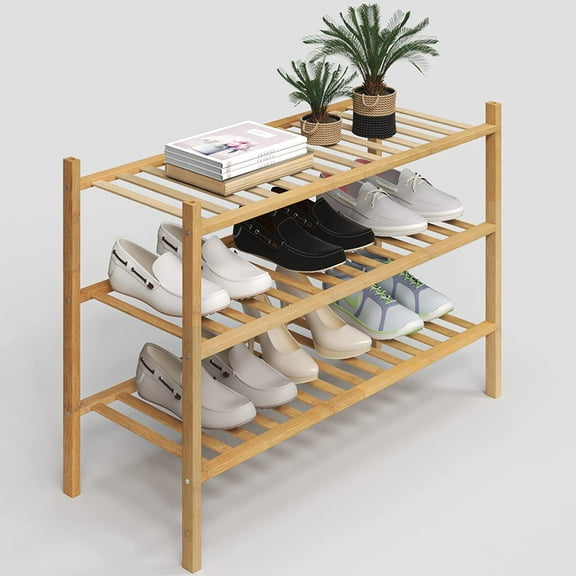 3-Tier Shoe Rack for Closet, Stackable Shoes Rack Organizer Free Standing Shoe Shelf for Entryway and Closet Hallway, Multifunctional Bamboo Rack in Different Combinations (3-Tier)
