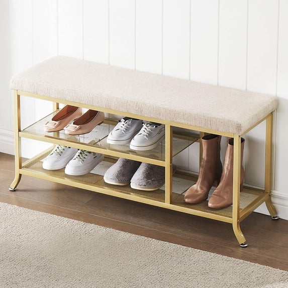 3-Tier Shoe Rack for Entryway, Shoe Bench with Foam Padded Seat, Metal Frame, Small Shoe Organizer with Storage for Indoor Entrance Hallway Bedroom Living Room