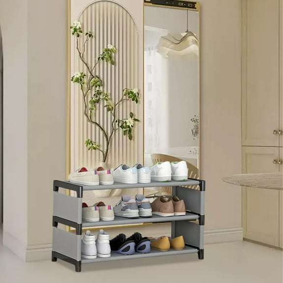 3 Tier Shoe Rack Gray Plastic Stackable Shelf Organizer • Space Saving Entryway Storage Rack • 54x38x26 cm Durable Ventilated Slatted Shoe Shelf