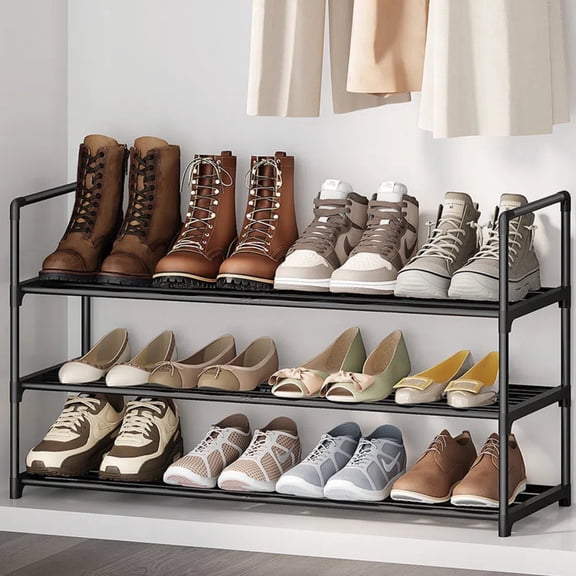 3-Tier Shoe Rack, ONE PIX Metal Shoe Organizer Holds 12-15 Pairs, Stackable Storage Shelf for Entryway, Closet, Bathroom, Black