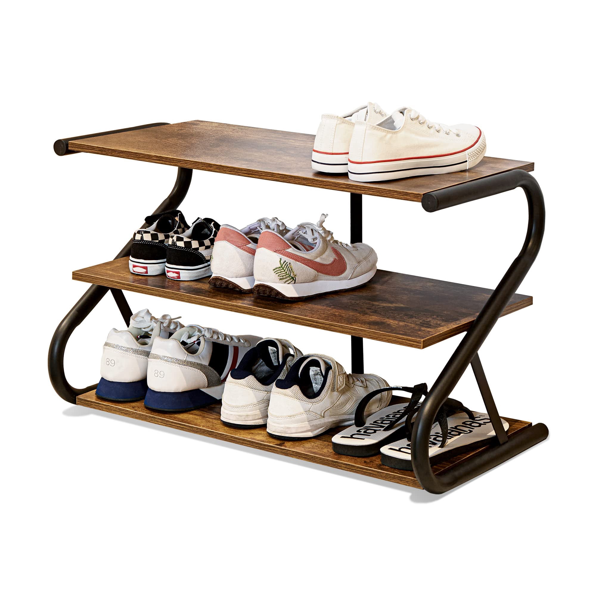 3-Tier Shoe Rack, Wooden Shoe Storage with S-Shaped Heavy Duty Metal ...