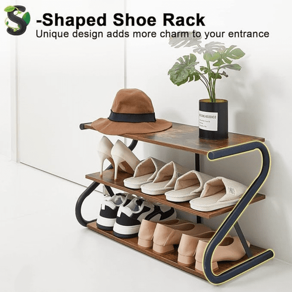 3-Tier Shoe Rack, Z-Frame Wooden Shoe Shelf with Durable Metal Shelves for Hallway, Living Room, Closet, Bedroom (Rustic)