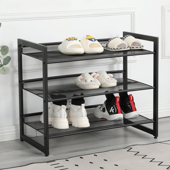 3-Tier Shoe Rack with 2 Adjustable Angles, Freestanding Shoe Storage Organizer, Book Storage Shelves for Front Door Entrance, Entryway, Living Room