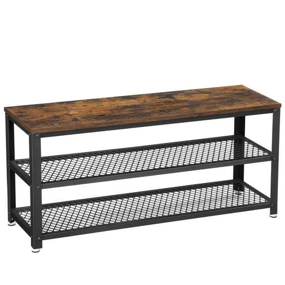 3-Tier Shoe Rack with Seat, Metal Mesh Shelf Storage Bench for Entryway Organizer, Rustic Brown