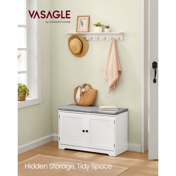 3-Tier Shoe Storage Bench with Cushion, 31.9 Inch Entryway Seat with Adjustable Shelves and Doors, Cloud White