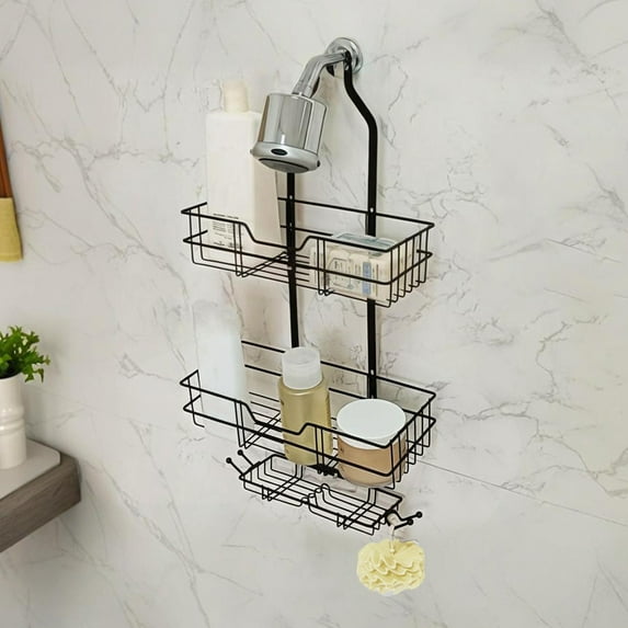 3-Tier Shower Caddy Organizer | Over The Shower Head Hanging Rack with Soap Holder & Towel Hooks | Stainless Steel Bathroom Storage Shelf
