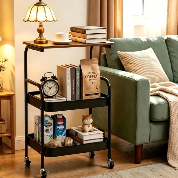 3-Tier Rolling Side Table with Wooden Top, Metal Utility Cart Organizer with Baskets, End Table for Sofa Living Room Bedroom Office