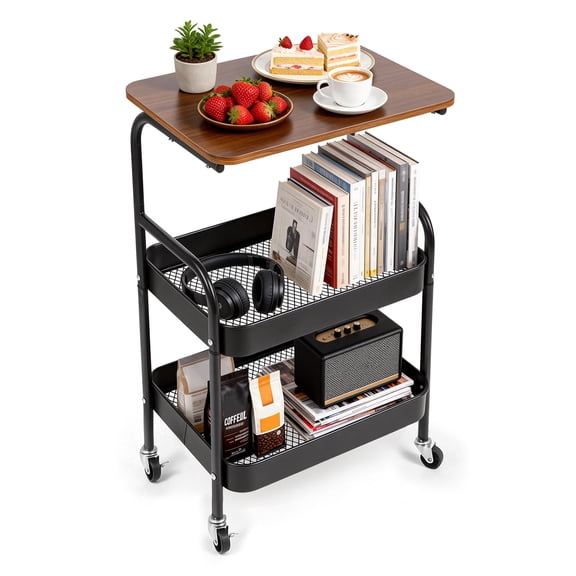 3 Tier Rolling Side Table, Metal Utility Storage Cart with Wood Table Top, End Table for Living Room Kitchen Bathroom Office