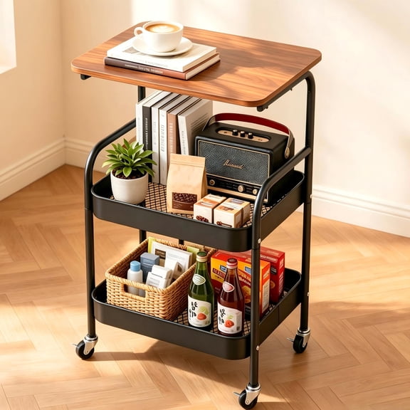 Yucurem 3 Tier Rolling Cart, Metal Utility Storage Cart with Thickened Mesh Basket & Wooden Tabletop, Craft Cart for Livingroom, Bathroom, Kitchen, Black