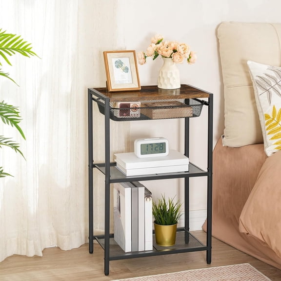 3-Tier Side Table Rustic Brown Promotion Industrial Nightstand with Metal Mesh Basket for Bedroom Living Room
