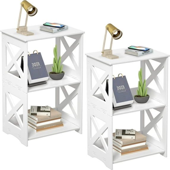 3-Tier Side Table Set of 2, Narrow End Table with Storage Shelf, White Nightstand Bedside Table Small Bookshelf Bookcase Display Rack for Bedroom Bathroom Living Room Office