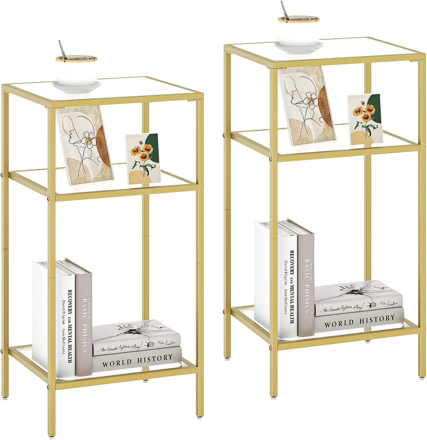 Golden Metal and Glass 3-Tier Side Tables Set