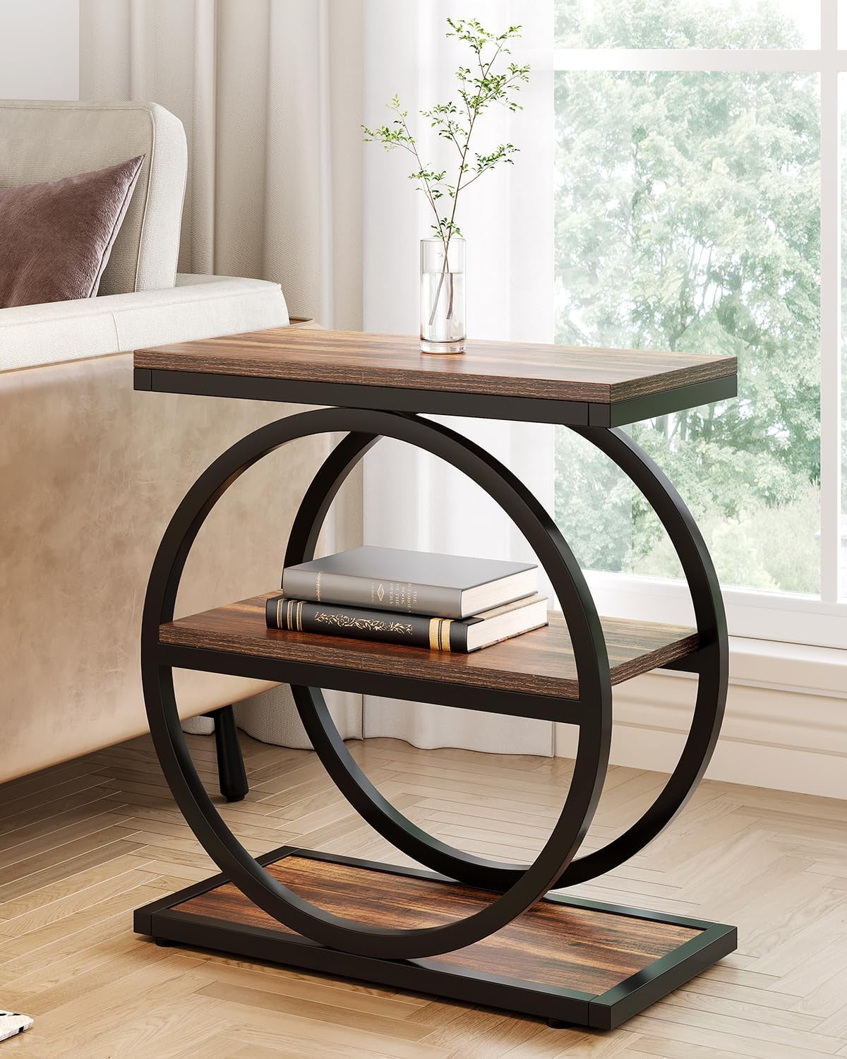 Rustic Brown and Black 3-Tier Wood and Metal End Table