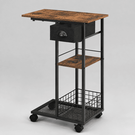 3-Tier Side Table with Wheels and 360 Rotation, C Table with Drawer, End Table for Couch, Space Saving Small Desk for Narrow Space, TV Tray, Vintage Bedside Table for Living Room, Bedroom
