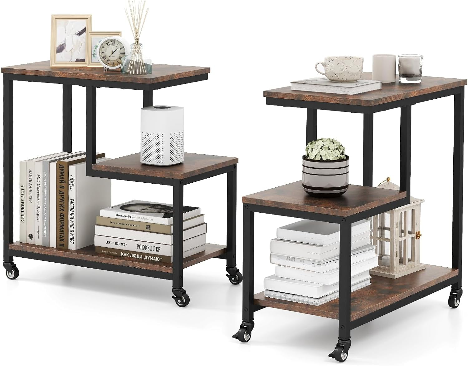 3-Tier Side Table with Wheels Set of 2, G-Shaped Mobile End Table with Open Shelves & Metal ...