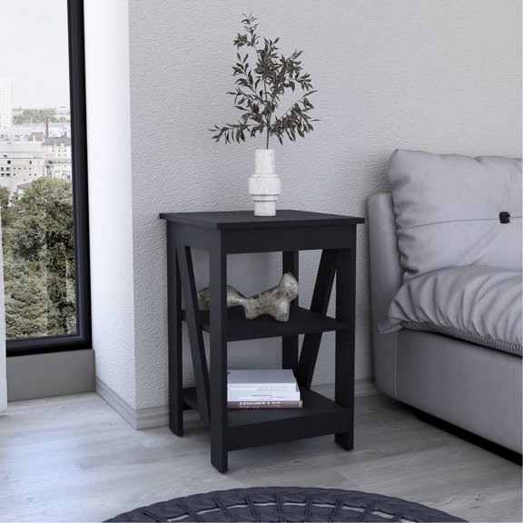 3-Tier Side Table in Black - Ample Space for Storage - Can Be Used as End Table - Crossed Side Braces