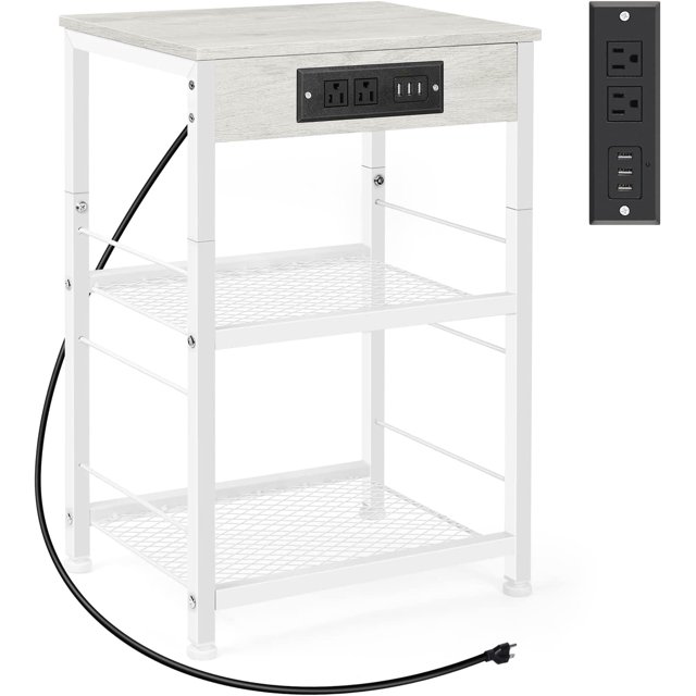3 Tier Side Table with Storage Farmhouse Bed Side Table with USB Port