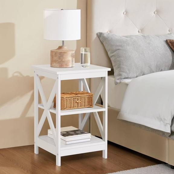 3 Tier Side Table with X-Frame Design for Living Room, White End Table with Storage Shelf
