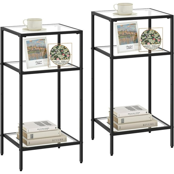 3-Tier Side Tables Set of 2, End Tables with Tempered Glass, Nightstands with Storage Shelves, Slim Sofa Tables for Living Room, Bedroom (2, Golden)