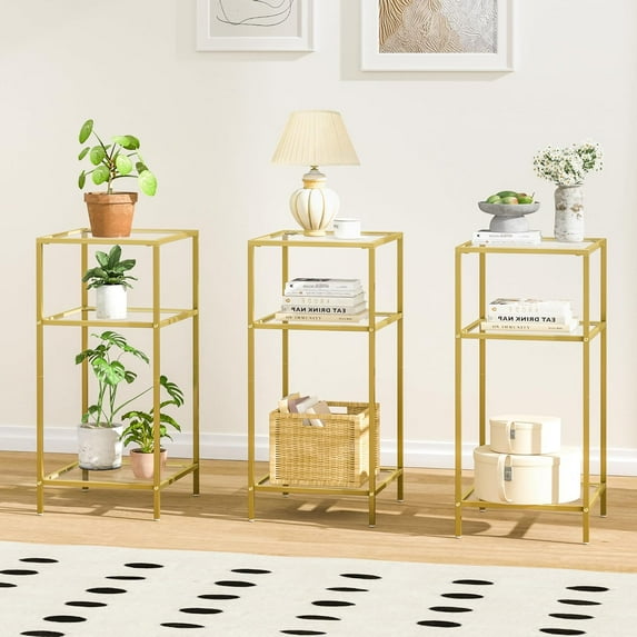 3-Tier Side Tables Set of 2, Slim Sofa Tables with Tempered Glass, Storage Nightstands for Living Room, Bedroom (Golden)