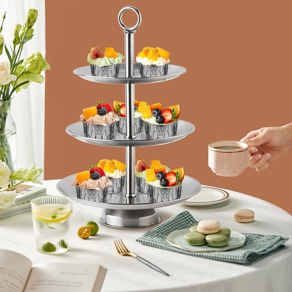 3 Tier Silver Metal Cupcake Stand Holder, Stainless Steel Cup Cake Stand Tower with Tiered Serving Tray and Base for Parties,Weddings,Birthdays and Any Festivals and Celebrations(2 Pack)