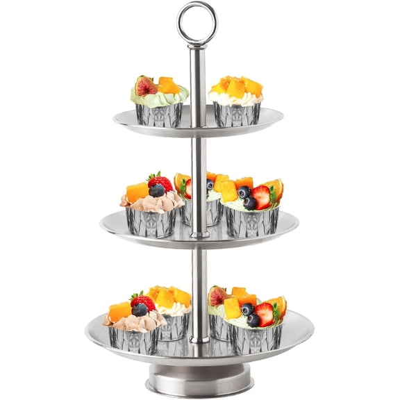 3 Tier Silver Metal Cupcake Stand Holder,Stainless Steel Cup Cake Stand Tower with Tiered Serving Tray and Base for Parties,Weddings,Birthdays and Any Festivals and Celebrations(with Base)