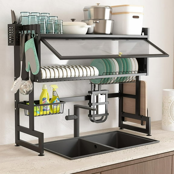 3 Tier Over The Sink Dish Drying Rack, Large Capacity Dish Rack with Cover, Expandable Length & Height, Adjustable Metal Dish Drainer for Kitchen Counter, Space Saving