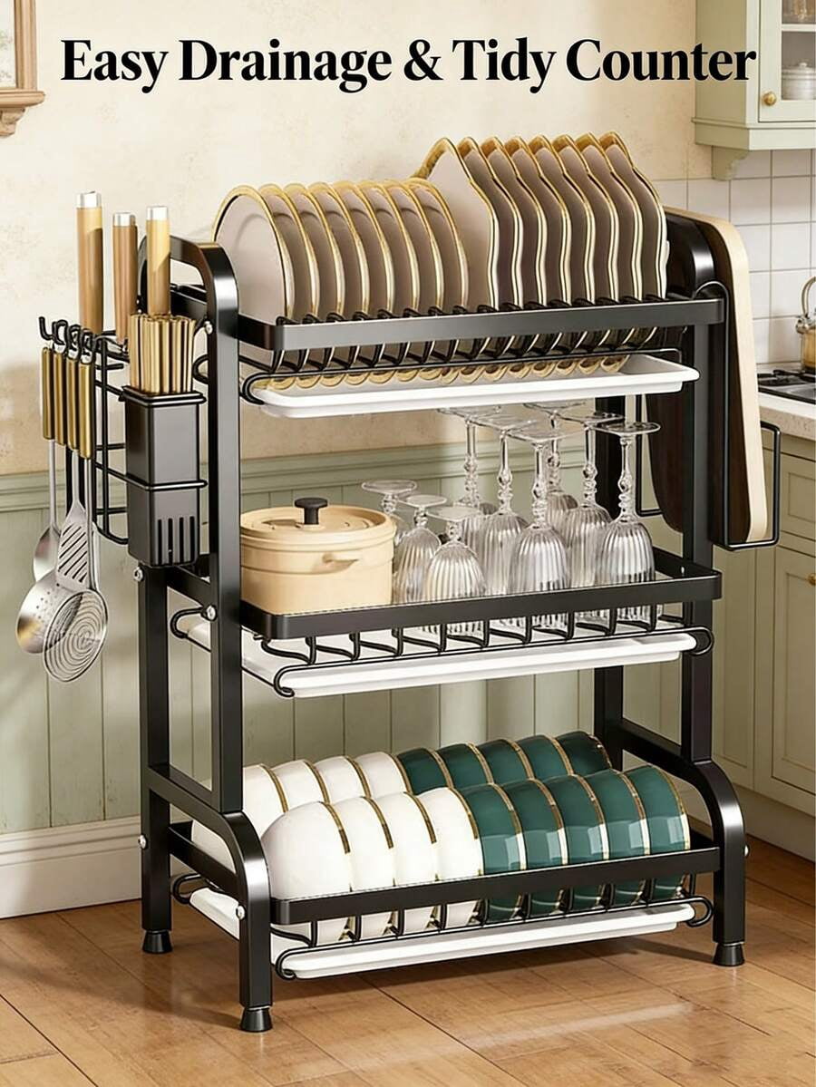 3-Tier Over Sink Heavy Duty Stainless Steel Dish Drying Rack, Rustproof Extra-Large Capacity Non-Slip Kitchen Counter Organizer, Removable Drainboard With Utensil Knife Cup Cutting Board Holder