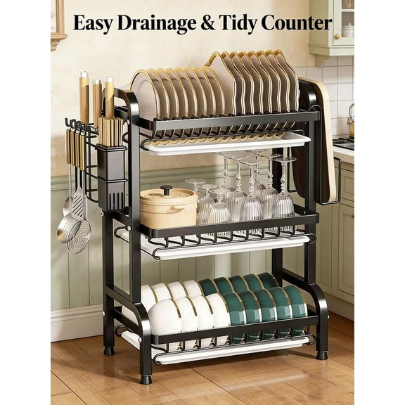 3-Tier Over Sink Heavy Duty Stainless Steel Dish Drying Rack, Rustproof Extra-Large Capacity Non-Slip Kitchen Counter Organizer, Removable Drainboard With Utensil Knife Cup Cutting Board Holder