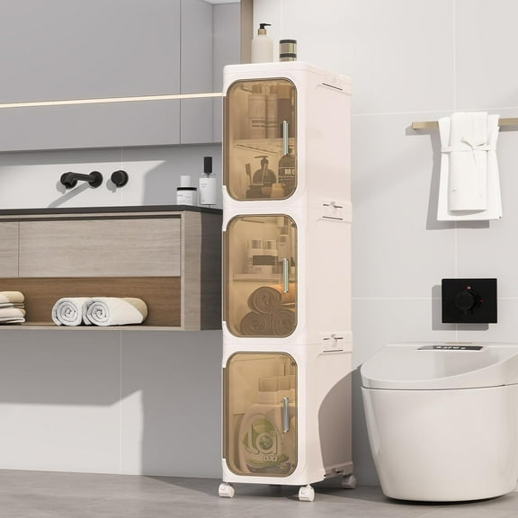 3-Tier Slim Bathroom Storage Cabinet, Foldable Narrow Organizer, Movable Storage for Small Spaces in Bathroom, Kitchen, Laundry, Cream White
