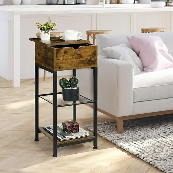 3-Tier Slim End Table with Storage Shelves for Living Room, Study, Bedroom Brown