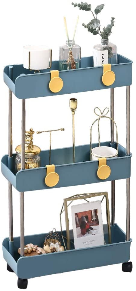 3-Tier Slim Mobile Shelving Unit On Wheels, Slide Out Rolling Bathroom ...