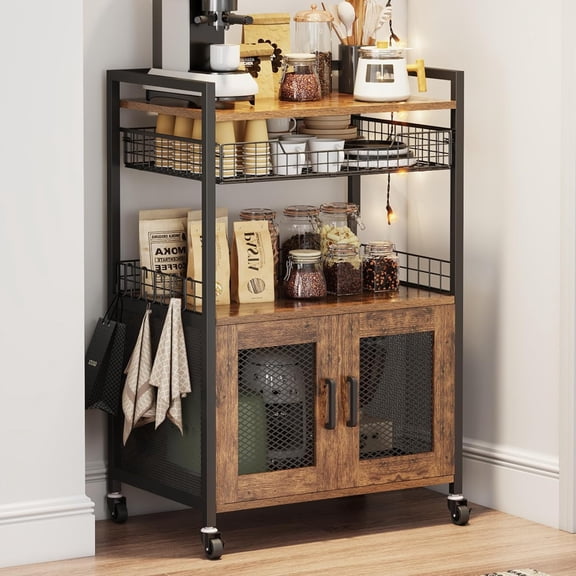 3 Tier Slim Rolling Coffee Cart with 2-Door & Pull-Out Wire Basket Drawer, Coffee Bar Cabinet on Lockable Casters, 32.7" H Microwave Cart with Storage for Home, Kitchen, Dining Room (Rustic Brown)
