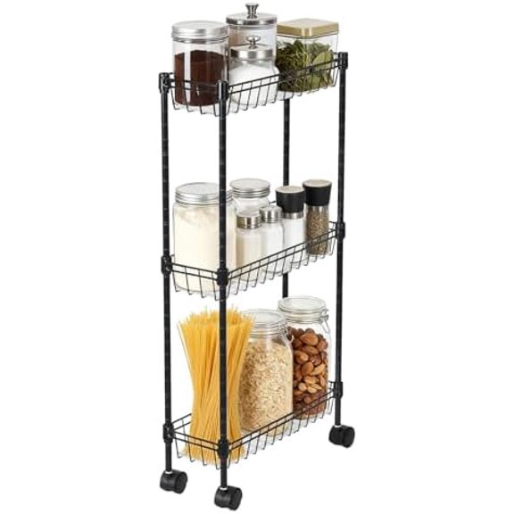 3-Tier Slim Rolling Storage Cart, Metal Utility Cart on Wheels, Multi-Functional Adjustable Shelving Unit Basket Rack for Kitchen Office Bedroom Pantry Corner, 15.75x5.91x31.5 in, Black