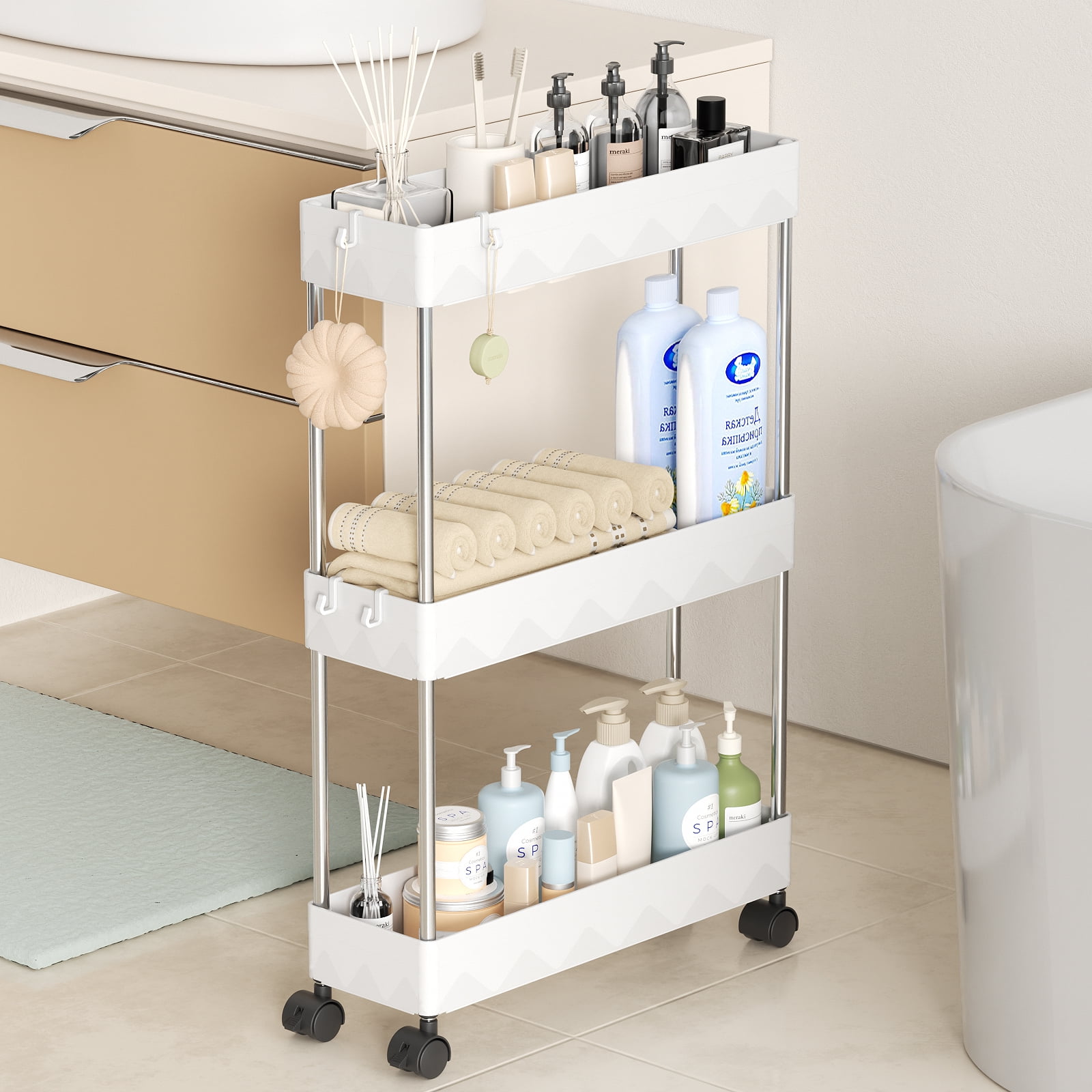 Slim Storage Cart 3 Tier Slim Cart, Bathroom Rolling Utility Cart Storage Organizer Slide Out ...